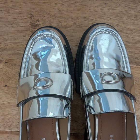 Coach Metallic Silver Chunky Heeled Loafers - Picture 7 of 7